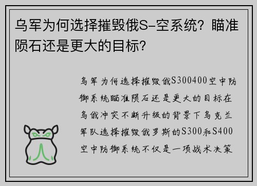 乌军为何选择摧毁俄S-空系统？瞄准陨石还是更大的目标？