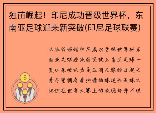 独苗崛起！印尼成功晋级世界杯，东南亚足球迎来新突破(印尼足球联赛)