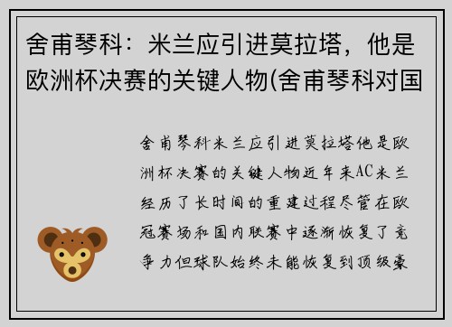 舍甫琴科：米兰应引进莫拉塔，他是欧洲杯决赛的关键人物(舍甫琴科对国米)