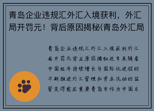 青岛企业违规汇外汇入境获利，外汇局开罚元！背后原因揭秘(青岛外汇局电话)