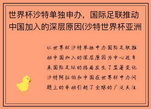 世界杯沙特单独申办，国际足联推动中国加入的深层原因(沙特世界杯亚洲名额)